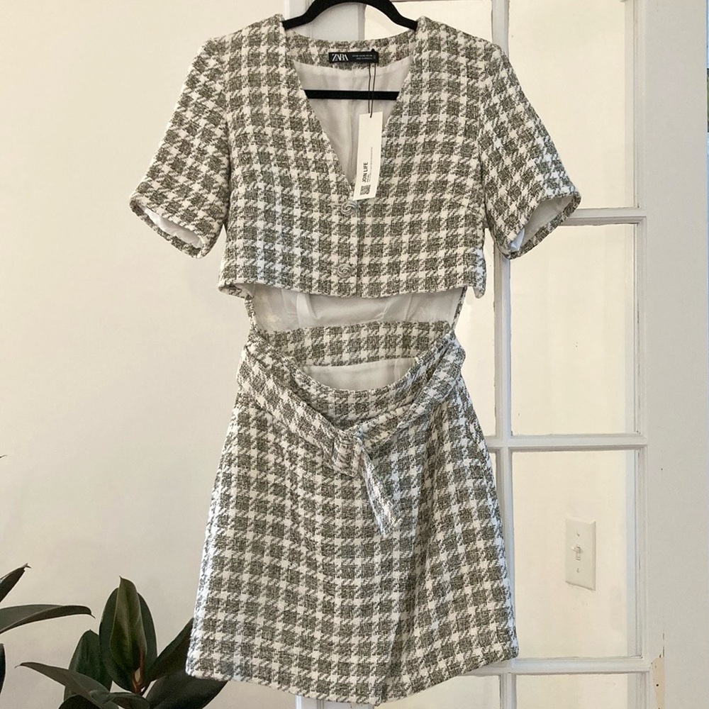 Zara Tweed Cut-Out Belted Mini Dress 1 piece - Picture 4 of 16